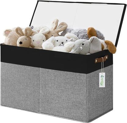 Bagnizer Large Toy Storage Box with Lids, Collapsible Sturdy Baby Storage Organizer Chest Bin Basket for Kids, Boys, Girls, Playroom, Nursery, Bedroom, Closet 25"x13"x16" (Gray and Black)