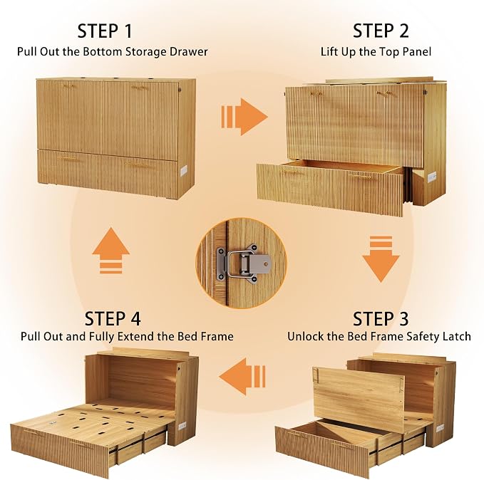 Full Size Murphy Bed Cabinet: Oak Folding Murphy Bed for Small Spaces, Wood Hidden Beds Cabinet with Charging Station, 2 in 1 Hideaway Beds Cabinets (Oak-Stripe)