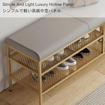 EFLAL White Gold Metal Shoe Storage Bench, Multi-Layer Capacity, Soft Seat Cushion, Open Design