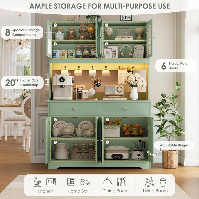 HIFIT 71" LED Kitchen Pantry Cabinet with Power Outlet, Large Kitchen Hutch Cabinet with 2 Storage Drawers & Arched Door, Countertop & Hooks, Tall China Bar for Dining Living Room (Green)
