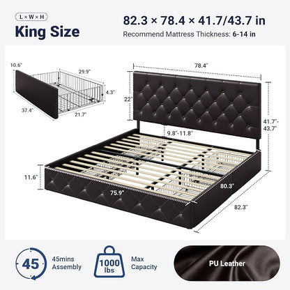 Allewie Upholstered King Size Platform Bed Frame with 4 Storage Drawers and Headboard, Diamond Stitched Button Tufted, Mattress Foundation with Wooden Slats Support, Black Brown