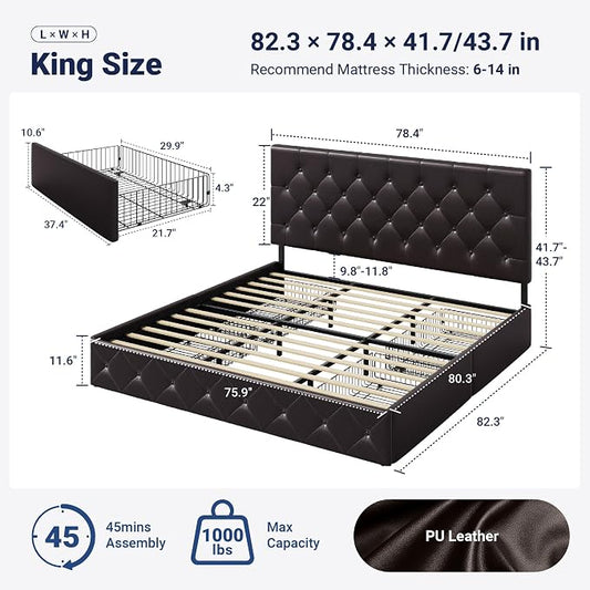 Allewie Upholstered King Size Platform Bed Frame with 4 Storage Drawers and Headboard, Diamond Stitched Button Tufted, Mattress Foundation with Wooden Slats Support, Black Brown
