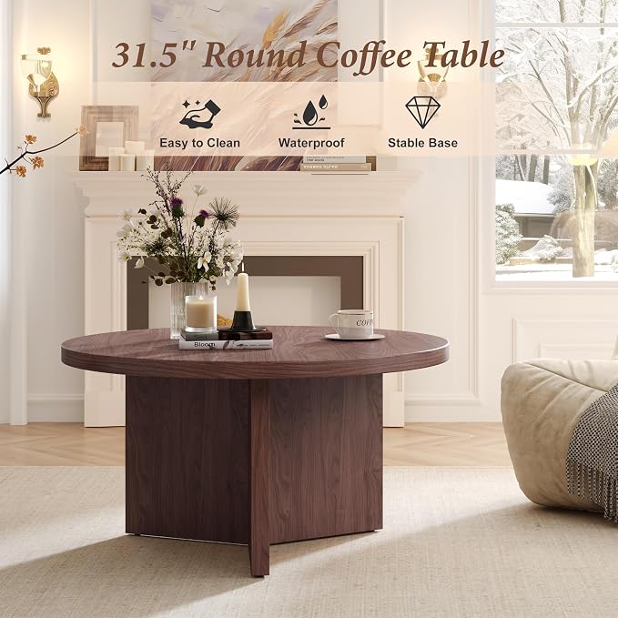 Luoxiao Round Coffee Table, 31.5" Mid Century Modern Center Tables, Walnut | Triangle Base with Anti Slip Feet for Stability, Circle Accent Table for Living Room, Apartments, Space-saving, Easy Assembly
