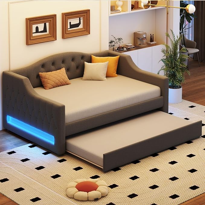 Merax Full XL Size Modern Upholstered Platform Bed with Trundle Bed, Linen Daybed with Wood Slat Support, Storage Bed Frame with Headboard/Gray