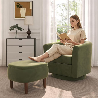 Swivel Accent Chair with Storage Ottoman, Modern Velvet Barrel Chair, Upholstered Armchair with Footrest for Living Room/Reading/Bedroom, 25.4'' D x 28.35'' W x 24.4'' H, Green