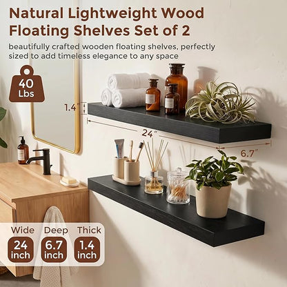 fuqing 24" x 6.7" x 1.4" Black Floating Shelves Set of 2, Rustic Black Wood Shelves for Living Room Bathroom, Hardware Included, 40 Lbs, Invisible Brackets