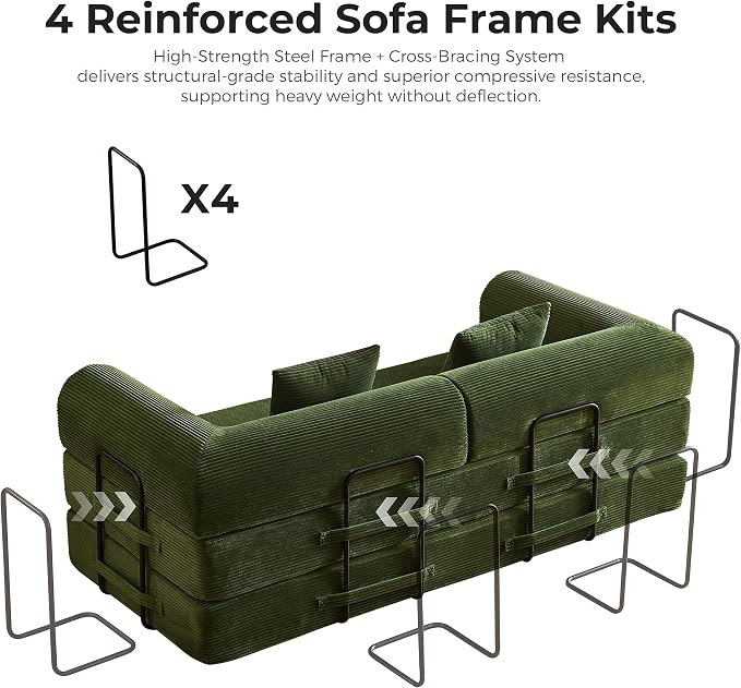 79" 5-in-1 Convertible Sofa Bed No Assembly, Boneless Couch Bed with High Density Foam, Foldable Sleeper Sofa, Corduroy Modular Couch for Apartment, Studio, Dorm Room, Small Space, Olive Green
