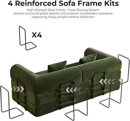 79" 5-in-1 Convertible Sofa Bed No Assembly, Boneless Couch Bed with High Density Foam, Foldable Sleeper Sofa, Corduroy Modular Couch for Apartment, Studio, Dorm Room, Small Space, Olive Green