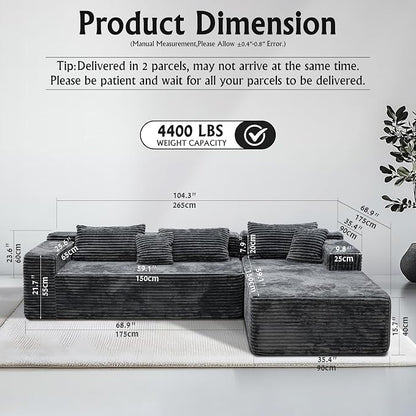 Sectional couches for Living Room Corduroy Couch, 104" Cloud Sectional Couch with L-Shape Chaise, Modern Modular Sofa, Deep Seat Comfort, No Assembly Required(Plush Corduroy, Right Facing Chaise)