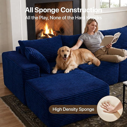 Claiks 120" Boneless Couch, Cloud Couch Sectional, U-Shape Corduroy Modular Sectional Sofa Deep Seat, Upholstered Couches for Living Room, No Assembly Required, Blue