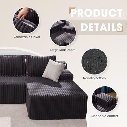 Hobestluk Boneless Couch Modular Sectional Sofa for Living Room Furniture | 98" Right Facing Chaise Darkgrey,Memory Foam,Removable Cover,Non-slip Bottom,No Assemble Required,Furniture for Apartment