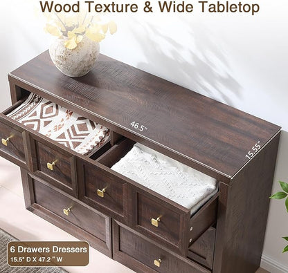 4 Piece Bedroom Set - Includes 6 Drawer Dresser, 5 Drawer Wood Dresser and 3 Drawer King Size Nightstands Set of 2 with Charging Station, 4 Piece Farmhouse Dresser and Nightstand Sets,Brown