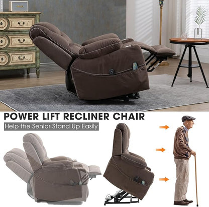 FUNECORP Large Power Lift Recliner Chair Sofa with Massage and Heat for Big and Tall Elderly,Infinite Positions,Single Motor,Cup Holders,and USB Ports,Velvet Home Theater Seat