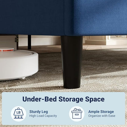 Allewie Queen Platform Bed Frame with Adjustable Headboard, Plush Velvet Upholstered, Vertical Channel Tufted, Sturdy Wooden Slats, No Box Spring Needed, Easy Assembly, Blue