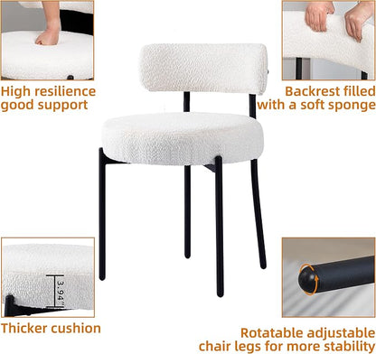 DYHOME White Boucle Dining Chairs Set of 2, Mid Century Modern Kitchen Chairs, Upholstered Dining Room Chairs with Curved Backrest and Black Metal Legs