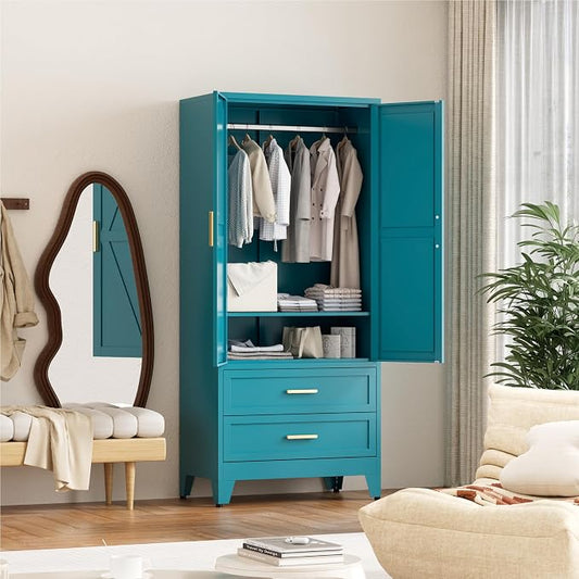 Washsemba 71'' Farmhouse Metal Wardrobe Cabinet with Hanging Rod, 2 Barn Door Wardrobe Closet with Adjustable Shelves,2 Drawer,for Dining Room,Bedroom,Living Room, Cloak Room,Office (Peacock Blue)