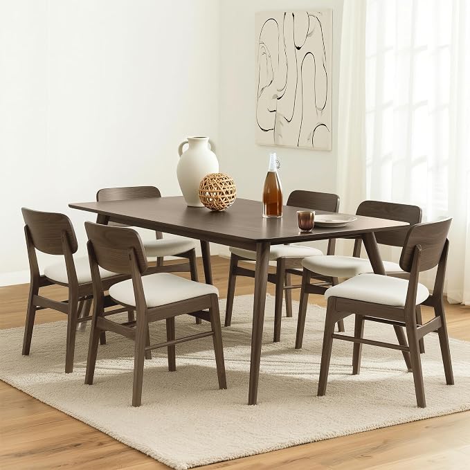 KISLOT Wooden Dining Chairs Set of 6, Upholstered Modern Dining Room Chairs, Mid Century Oak Kitchen Chairs with Ergonomic Wood Backrest for Farmhouse, Restaurant, Café (Cream Fabric & Walnut Color)