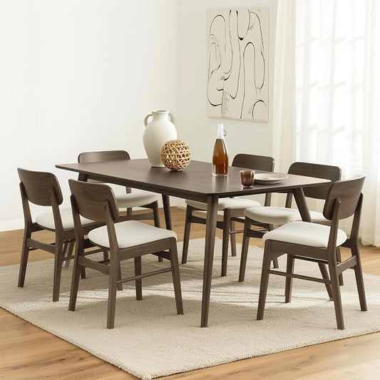 KISLOT Wooden Dining Chairs Set of 6, Upholstered Modern Dining Room Chairs, Mid Century Oak Kitchen Chairs with Ergonomic Wood Backrest for Farmhouse, Restaurant, Café (Cream Fabric & Walnut Color)
