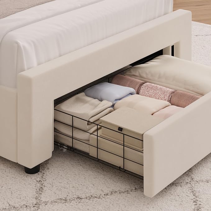 HITHOS Twin Upholstered LED Bed Frame with Storage Drawer, Velvet Kids Bed with Wingback Headboard, Princess Twin Platform Bed for Girls/Kids, Solid Wood Slats Support, No Box Spring Needed, Beige