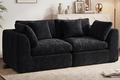 GRUSIGN 79'' Oversized Boneless Cloud Loveseat for Living Room, Modern Big Sectional Compressed 2 Seater Couch with 2 Throw Pillows, Comfy Chenille Deep Seat Foam Spineless 2 Person Couch, Black