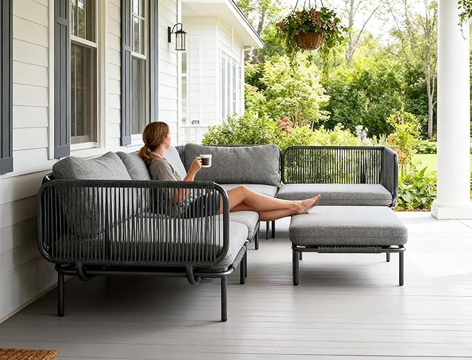 Crestlive Products Outdoor Patio Furniture Set, 4 Seater Modular Oversized Patio Conversation Set with Cushions, Modern Metal Sectional Outdoor Couch for Backyard, Deck, Porch, or Poolside, Dark Grey