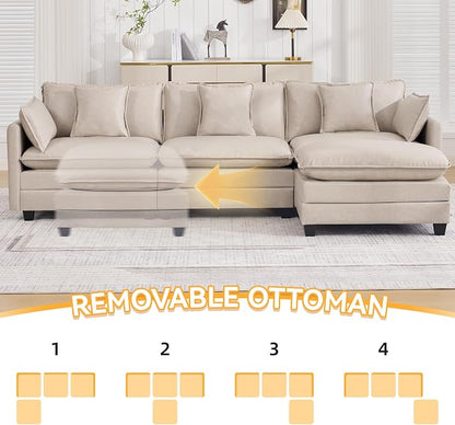 111'' Sectional Cloud Deep Seat Couch, Modern Comfy Leather L Shaped Sectional Sofa for Living Room Set, Upholstered Modular 4-Seats Sofa Couch with 1 Movable Ottoman, Leather Beige