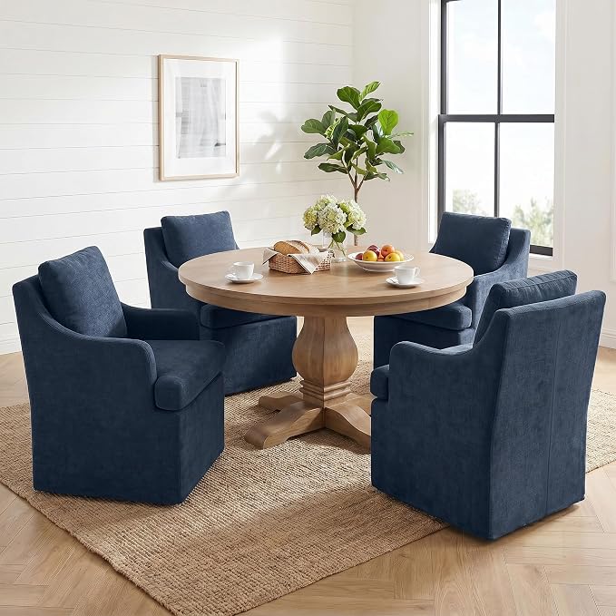 VKNOW Upholstered Dining Chairs Set of 4, Linen Kitchen Chair Dinner Chair with 4 Casters, Chenille Armchair for Bedroom Reading Room Living Room, Blue