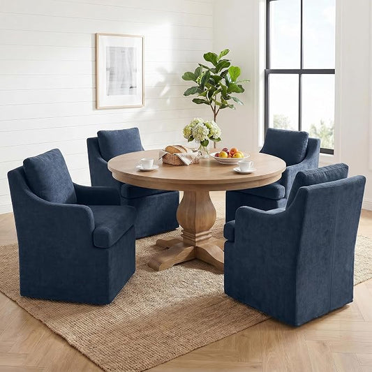 VKNOW Upholstered Dining Chairs Set of 4, Linen Kitchen Chair Dinner Chair with 4 Casters, Chenille Armchair for Bedroom Reading Room Living Room, Blue