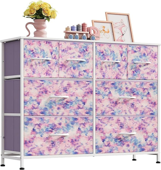 WLIVE Dresser for Bedroom with 8 Drawers, Wide Fabric Dresser for Storage and Organization, Bedroom Dressers, Chest of Drawers for Living Room, Closet, Hallway, Tie-dye Print (Pink, Purple, Blue)