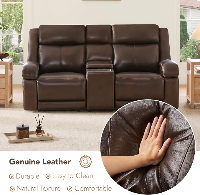 Watson & Whitely Genuine Leather Power Loveseat Recliner Sofa, Wall Hugger Loveseat Reclining Sofa with Storage Console, Power Headrest, Cup Holders, Dual Recliners for Living Room, RV, Dark Brown