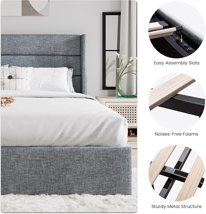 SHA CERLIN Queen Size Lift Up Storage Bed/Modern Wingback Headboard/Upholstered Platform Bed Frame/Hydraulic Storage/No Box Spring Needed/Wood Slats Support/Grey Blue