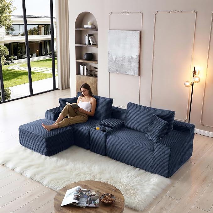ivoros 111 Inch Modular Sectional Sofa Couch, Oversized Modern Cloud Couch for Living Room, L Shape Couches with Ottomans, USB Ports and Cup Holders, Blue Corduroy Boneless Sofas, Sofa in a Box