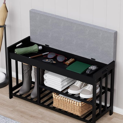 APRTAT 3-Tier Bamboo Shoe Rack Bench, Shoe Storage Organizer Bench, Entryway Benchs, Shoes Rack for Front Door Entrance, Entryway Bathroom Bedroom (Black, Large)