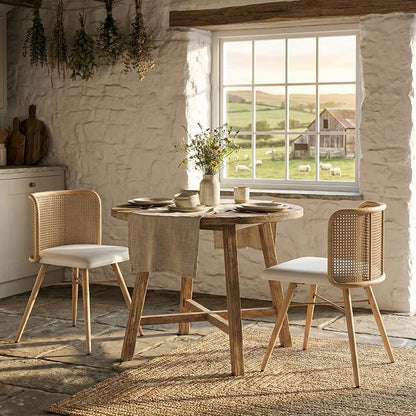 TYBOATLE Farmhouse Rattan Dining Chairs Set of 2 (Cream White) | Boho, Natural Cane Woven Back, Faux Leather Seat, Metal Legs, Upholstered, Kitchen, Dining Room