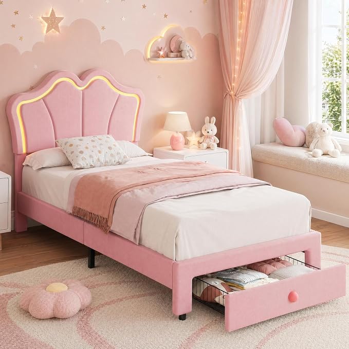 Garvee Twin Bed Frame with Storage, Upholstered LED Bed Frame with Headboard, Cute Velvet Platform Bed Frame for Kids, Girls, Solids Wood Slats Support, No Box Spring Needed, Easy Assembly, Pink