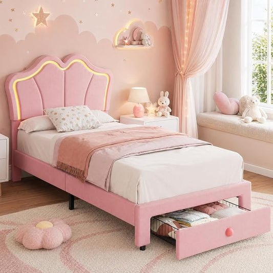 Garvee Twin Bed Frame with Storage, Upholstered LED Bed Frame with Headboard, Cute Velvet Platform Bed Frame for Kids, Girls, Solids Wood Slats Support, No Box Spring Needed, Easy Assembly, Pink