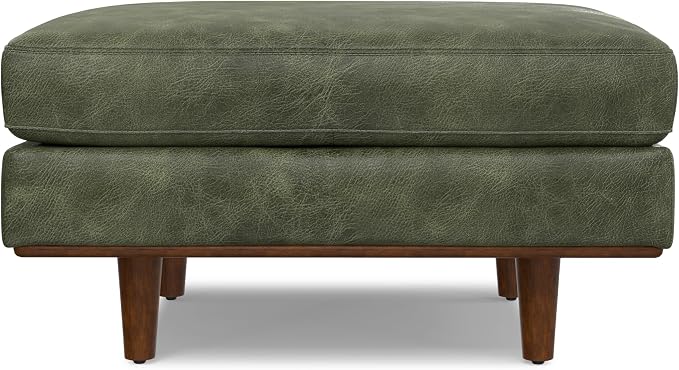SIMPLIHOME Morrison 33 inch Wide Ottoman in Moss Green Genuine Leather, Multifunctional Footrest, Coffee Table, and Extra Seating for Living Room, Mid-Century Modern Style