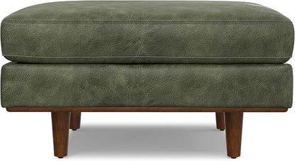 SIMPLIHOME Morrison 33 inch Wide Ottoman in Moss Green Genuine Leather, Multifunctional Footrest, Coffee Table, and Extra Seating for Living Room, Mid-Century Modern Style
