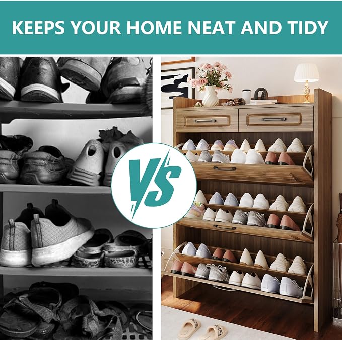 Shoe Cabinet with 3 Large Flip Drawers and 2 Storage Drawers, Narrow Shoe Organizer Cabinet Fits for Kinds of Shoes, Slim Shoe Storage Cabinet for Entryway, Hallway, Walnut