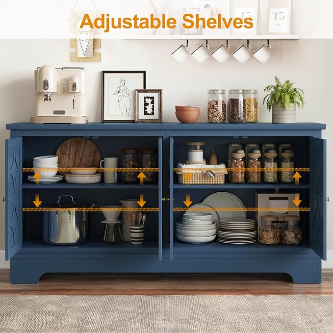 RoyalCraft 112'' Sideboard Buffet Cabinet with Storage, Modern Sideboard with 4 Carved Doors and Adjustable Shelves, Large Wood Coffee Bar Console Table for Kitchen, Dining Room, Blue