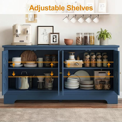 RoyalCraft Sideboard Buffet Cabinet with Storage, 56" Modern Sideboard with 4 Carved Doors, Large Wood Coffee Bar Console Table for Kitchen, Dining Room, Entryway, Living Room, Blue