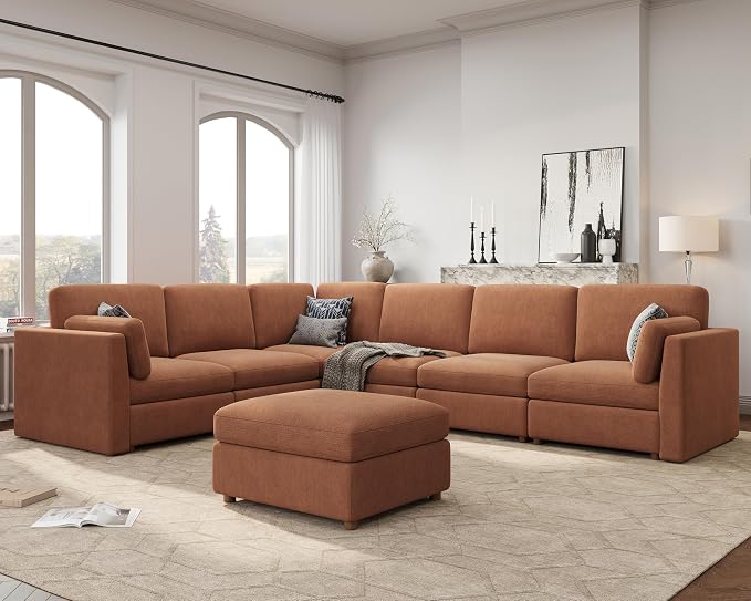 Oversized Modular Sectional Sofa V-Shaped Cloud Couches Brown | Large Deep Seat Couch for Living Room, 7-Seater Luxury Corner Sofa with Ottoman, Solid Wood Frame, Removable Washable Cover