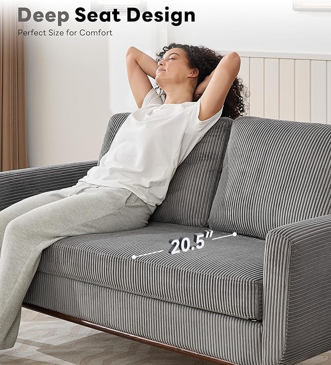 Kingfun 65" Corduroy Love Seat with Spring Cusions, Mid Century Modern Loveseat Sofa for Livingroom & Bedroom, Comfy Upholstered Small Couch, Gray