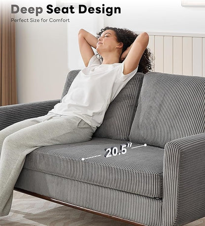 Kingfun 65" Corduroy Love Seat with Spring Cusions, Mid Century Modern Loveseat Sofa for Livingroom & Bedroom, Comfy Upholstered Small Couch, Gray