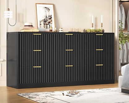 TEENFON Fluted Dresser for Bedroom with 9 Drawers, 63" Wide Modern Chest of Drawers with Metal Handle & Curved Profile Design, Wood Closet Clothes Storage Organizer for Living Room, Hallway, Black