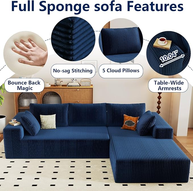 96" Modular Sectional Sofa, Modern Corduroy Cloud Couch with Deep Seat, Boneless Couch Upholstered 3-Seater L-Shaped Sofa for Living Room, No Assembly Required (Blue, Right-Facing Chaise)