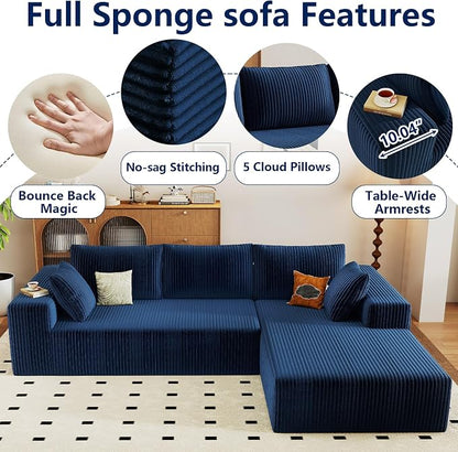 96" Modular Sectional Sofa, Modern Corduroy Cloud Couch with Deep Seat, Boneless Couch Upholstered 3-Seater L-Shaped Sofa for Living Room, No Assembly Required (Blue, Right-Facing Chaise)