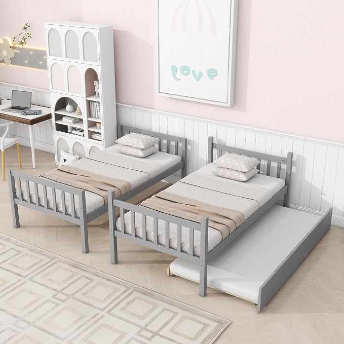 Merax Twin-Over-Twin Bunk Bed with Movable Trundle, Solid Wood Detachable Bunk Bed with Safety Guardrial and Ladder, Can be Converted Into 3 Separate Beds,Grey