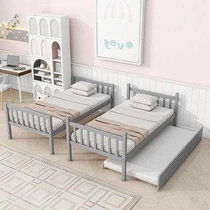 Merax Twin-Over-Twin Bunk Bed with Movable Trundle, Solid Wood Detachable Bunk Bed with Safety Guardrial and Ladder, Can be Converted Into 3 Separate Beds,Grey
