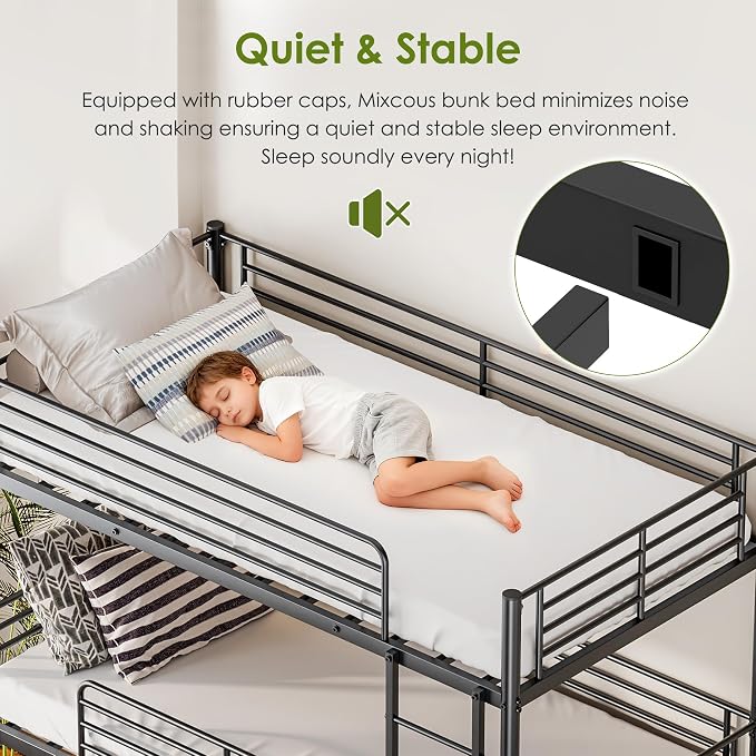 Triple Bunk Beds, 3 Bunk Bed Twin Over Twin Over Twin with 2 Ladders, Metal Frame with Guardrails,Heavy Duty Triple Bed Frame for Teenagers/Adults Bedroom, No Box Spring Needed